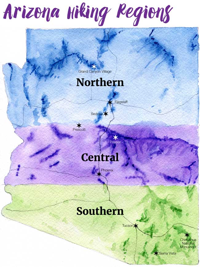 Arizona, Hiking Regions, Map, Geographic, Watercolor, Grand Canyon, Sedona, Prescott, Flagstaff, Phoenix, Payson, Tucson, Sierra Vista, Chiricahua National Monument