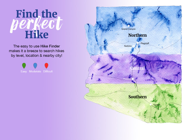 Finding a Hike, Watercolor, Map, Arizona, Northern, Central, Southern,Hiking Regions.