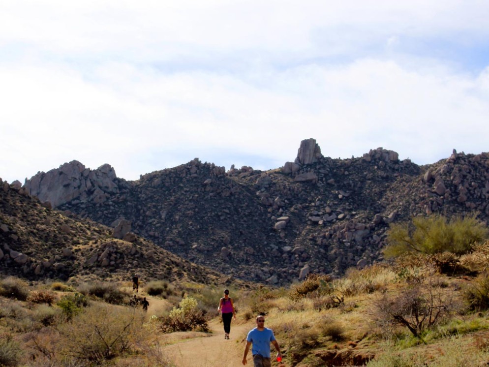 Hikers, Trail, Base of Mountain, Stone Spire, Tom's Thumb, Scottsdale, Phoenix, Arizona, Tom's Thumb Hiking Trail