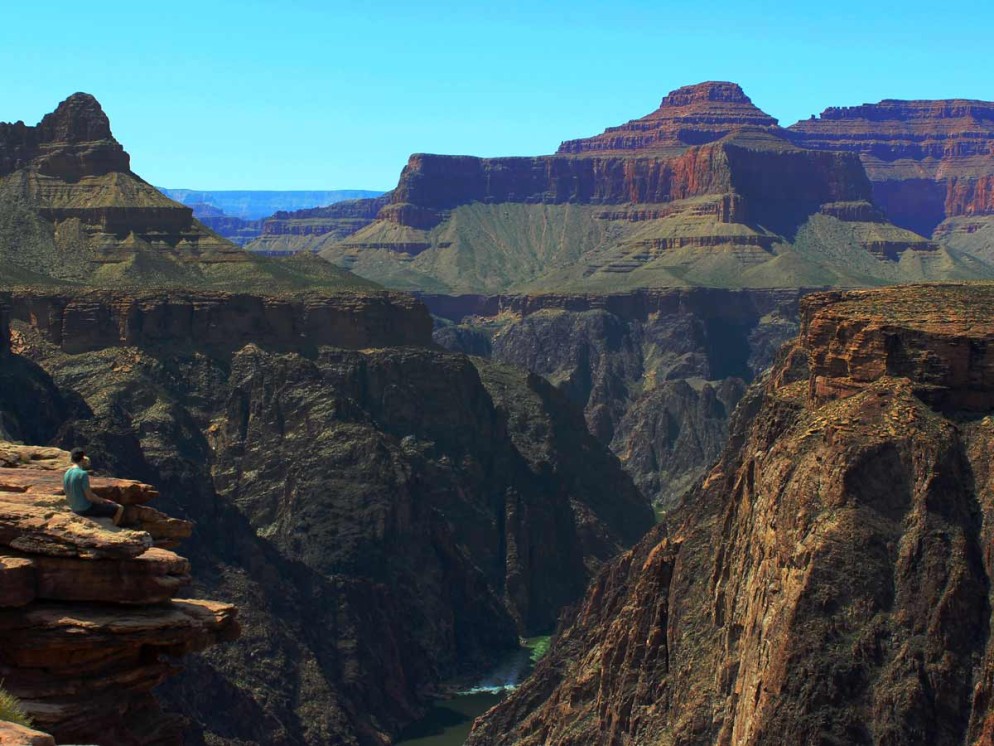 Hiker, Ledge, Overlook, Colorado River, Cliffs, Plateau Point Hiking Trail, Arizona, Grand Canyon.