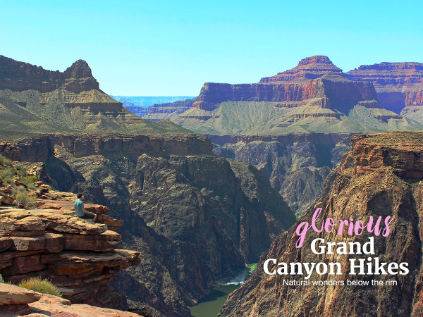 A landscape view of a hiker, sitting on the edge of the Grand Canyon, Arizona's Plateau Point, from the Plateau Point Hiking Trail