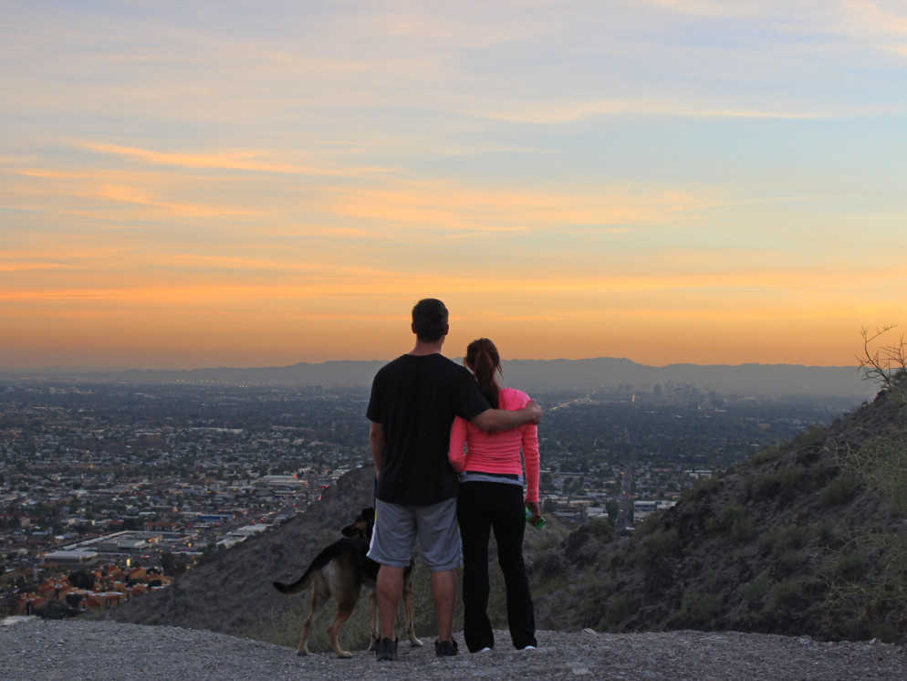 Romantic, View, Hikers, Couple, Dog, North Mountain National Hiking Trail, Overlook, Sunset, Phoenix, Arizona