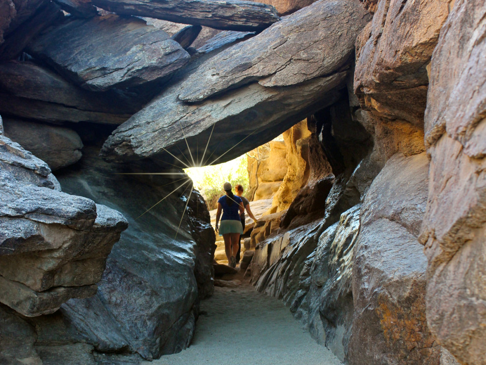 Landscape, Two Hikers, Women, Friends, Rock Tunnel, Phoenix, Arizona, Hidden Valley, Mormon Hiking Trail
