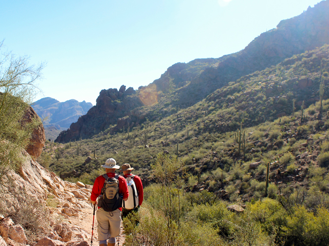 Landscape, View, hikers, Peralta Hiking Trail, Peralta Valley, Arizona, Superstition Mountains, Phoenix.