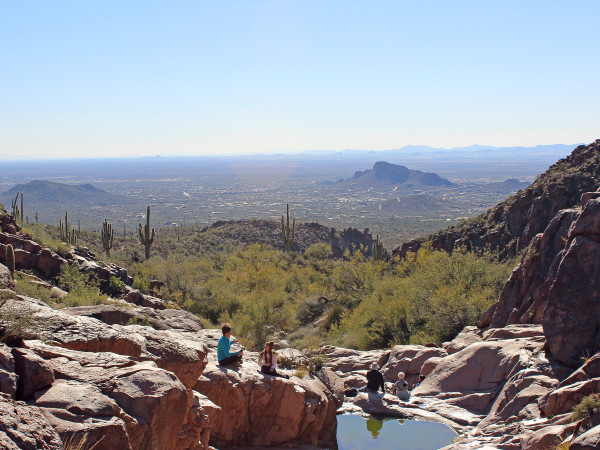 Hikers, Hieroglyphics Hiking Trail, Superstition Mountains, Phoenix, Arizona, View,Pool of Water Canyon