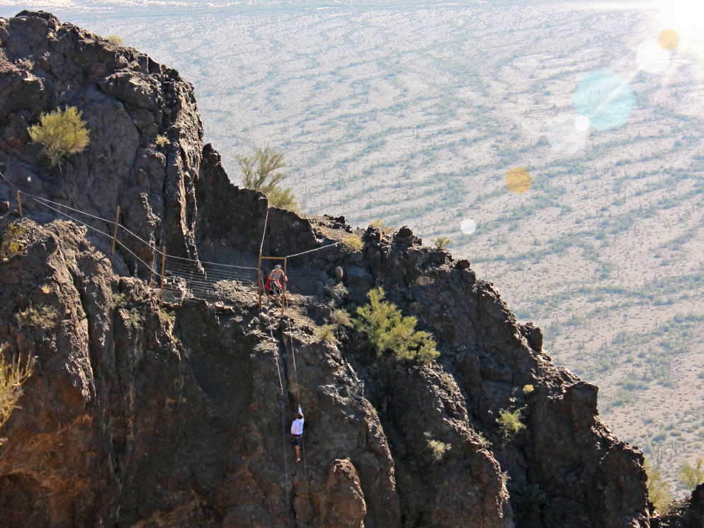 Birds-Eye, Landscape, View, Two Hikers, Ascending, Cables, Steep, Rock Scramble, Hunter Hiking Trail to Picacho Peak, Tucson, desert