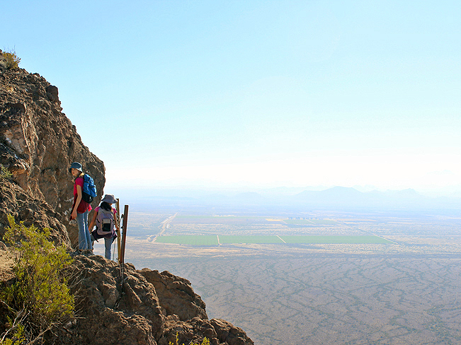 Two Young Hikers, Wooden Plank, Ridge, Hunter Hiking Trail to Picacho Peak, Tucson, Arizona, Desert