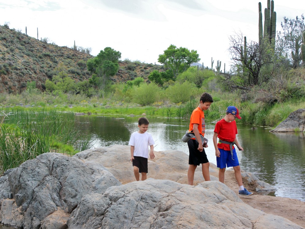 Landscape, View, Kids, Hikers, Boulders, Pond, Jewel of the Creek Hiking Trail, Jewel of the Creek Preserve, Cave Creek, Arizona, Phoenix Area, Family Hikes