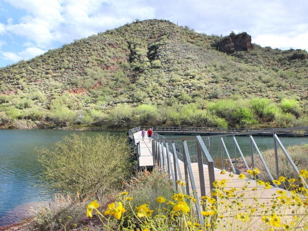 Landscape, View, Hikers, Floating Bridge, Pipeline Canyon Hiking Trail, Lake Pleasant, Phoenix Area, Phoenix, Arizona, Lake, Wildflowers, Family Hikes, Water Feature Hikes