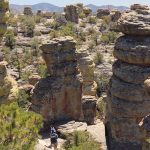 Landscape, View, Hikers, Big Balanced Rock Hiking Trail, Heart of the Rocks Hiking Trail Loop, Chiricahua National Monument, Willcox, Arizona, Stone, Rock Formations, Hoodoos, Moderate Hikes, Southern Arizona Hikes, Tucson Area Hikes, Pet Friendly Hikes.