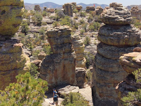 Landscape, View, Hikers, Big Balanced Rock Hiking Trail, Heart of the Rocks Hiking Trail Loop, Chiricahua National Monument, Willcox, Arizona, Stone, Rock Formations, Hoodoos, Moderate Hikes, Southern Arizona Hikes, Tucson Area Hikes, Pet Friendly Hikes.