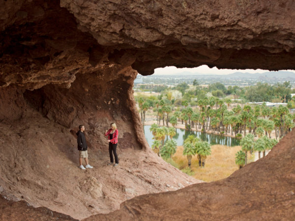 Hole in the Rock Hiking Trail; Papago Park; Phoenix; Arizona; Phoenix Area Hikes; Easy Hikes; Hikers; Rock Formation; View; Copyright azutopia.com; No use without permission