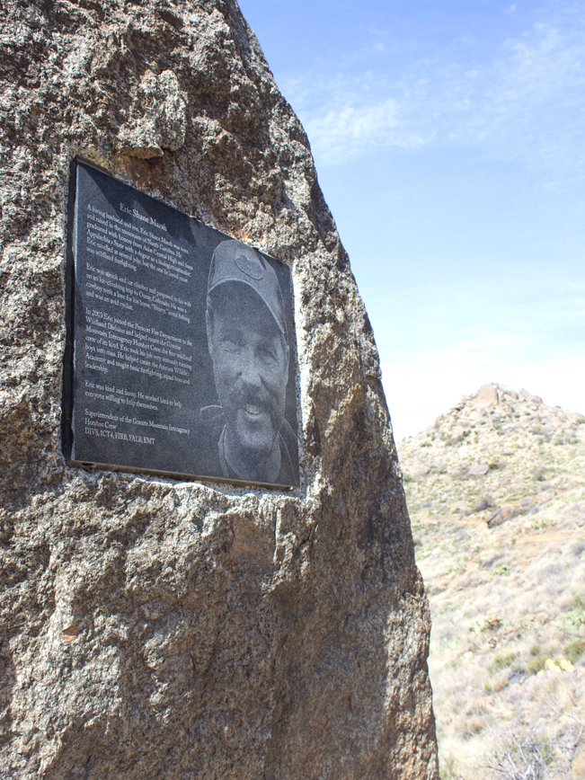 Granite Mountain Hotshots Memorial Hiking Trail; Hotshot Plaque; Boulders; Weaver Mountain; Payson area Hiking Trails; Yarnell; Arizona; Moderate Hiking Trails; Dog Friendly Hiking Trails; Copyright azutopia.com; No use without perimssion.
