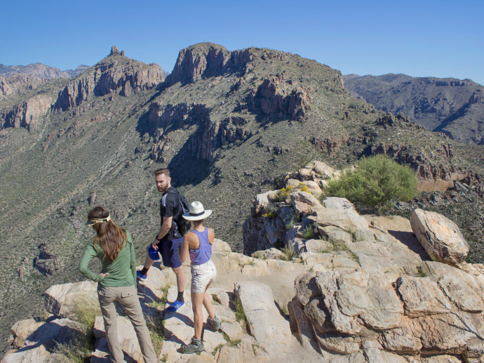 Hikers; Standing on Ridge; Peak; Blacketts Ridge Hiking Trail; Sabino Canyon; Santa Catalina Mountains; Mountain View; Tucson; Arizona; Difficult Hiking Trails; Tucson Area Hiking Trails; Copyright azutopia.com; No use without permission.