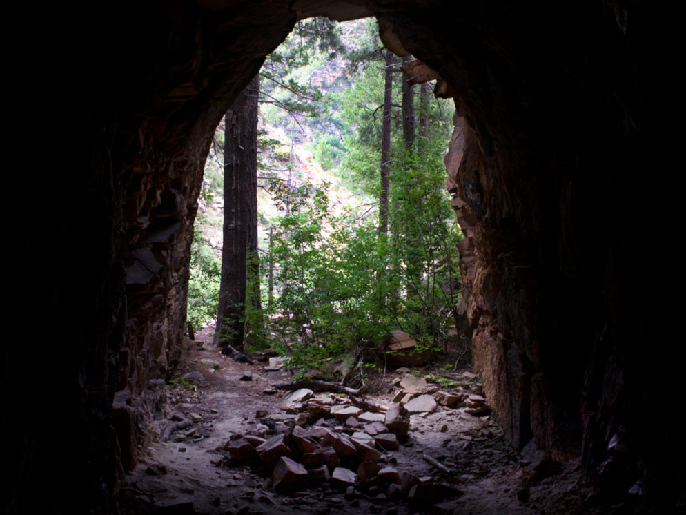 View of trees, cliff and shrubs from inside of the Railroad Tunnel. Off of the Railroad Tunnel Hiking Trail, on the Mogollon Rim, near Payson, Arizona. Copyright azutopia.com. No use without permission.