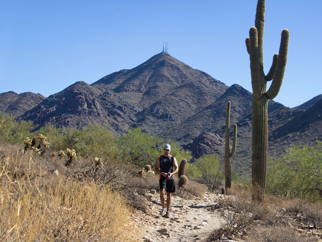 Hiker; Bell Pass Hiking Trail; Gateway Hiking Trail; Phoenix Area; Arizona; McDowell Mountains; Thompson Peak; Satellite Dishes; Scottsdale; Mountains; Saquaros; Rocky Outcropping; View; Difficult Hiking Trails;