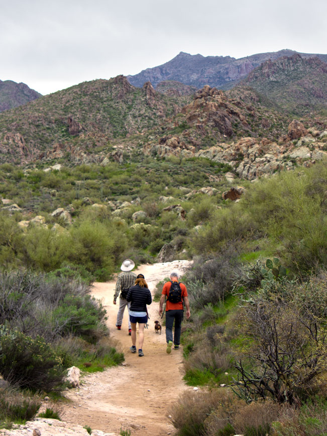 Landscape view, Hikers with dog, Superstition Mountains, Red rock outcroppings Palo Verdes, Black Mesa Hiking Trail Loop, Grand Enchantment Hiking Trail, Second Water Hiking Trail, Apache Junction, Arizona, Copyright azutopia.com, No use without permission