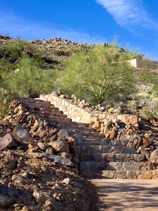 Stone steps ascending lower section of Cholla Mountain Hiking Trail, Saguaros, Brush, Central Arizona Hiking Trails, Phoenix Area Hiking Trails, Difficult Hiking Trails