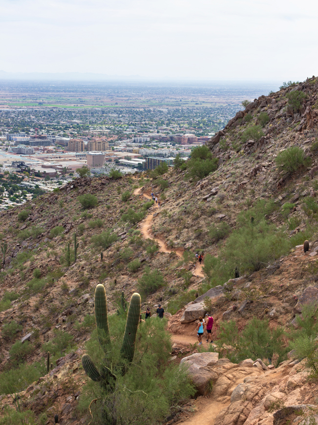Hikers along mid-section of Cholla Mountain Hiking Trail, Northern slope, Saguaros, Central Arizona Hiking Trails, Phoenix Area Hiking Trails, Difficult Hiking Trails, City View